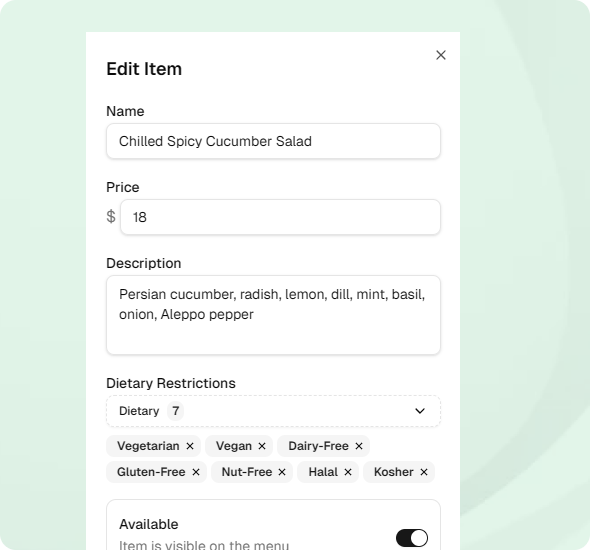 Menu item editor showing instant price and description updates